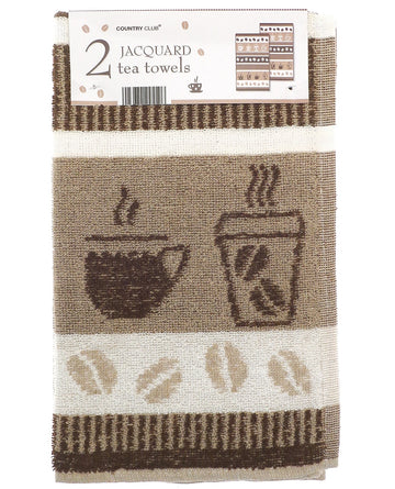 2pk Jacquard Coffee Kitchen Tea Towel, Latte & Brown