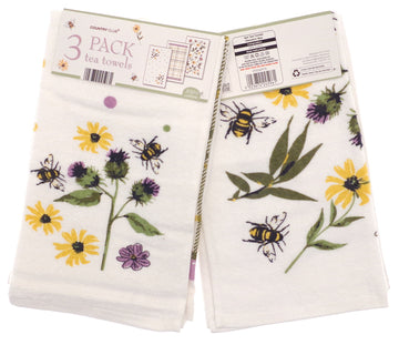 3pk Meadow Floral Bee Kitchen Tea Towel, Green Yellow