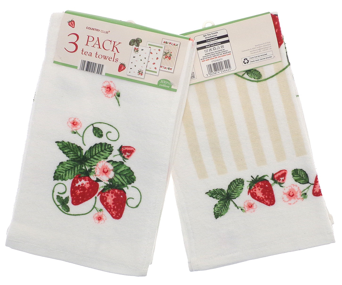 3pk Strawberries Kitchen Tea Towel, Red & Green