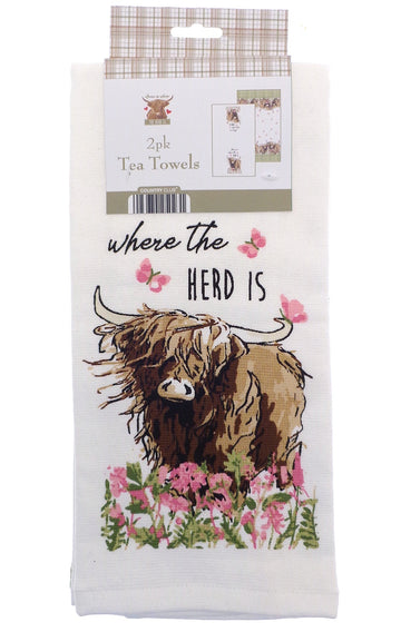 Highland Cow Kitchen Tea Towel Set 2pk - Natural & Pink