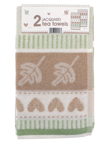 Autumn Leaf Jacquard Kitchen Tea Towel, Natural & Green, 2pk