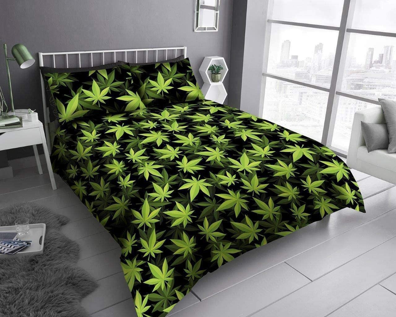 Weed Leaf Duvet Cover Set King, Black & Green