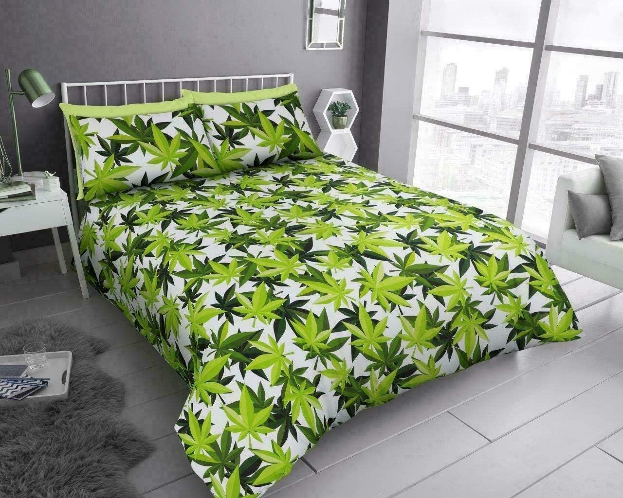 Weed Leaf Duvet Cover Set Double, White & Green