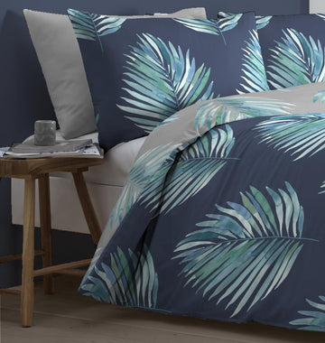 Tropical Leaf King Duvet Cover Set - Navy, Green & Grey