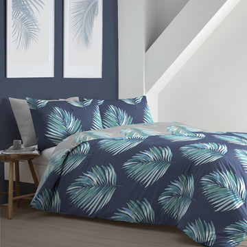 Tropical Leaf King Duvet Cover Set - Navy, Green & Grey