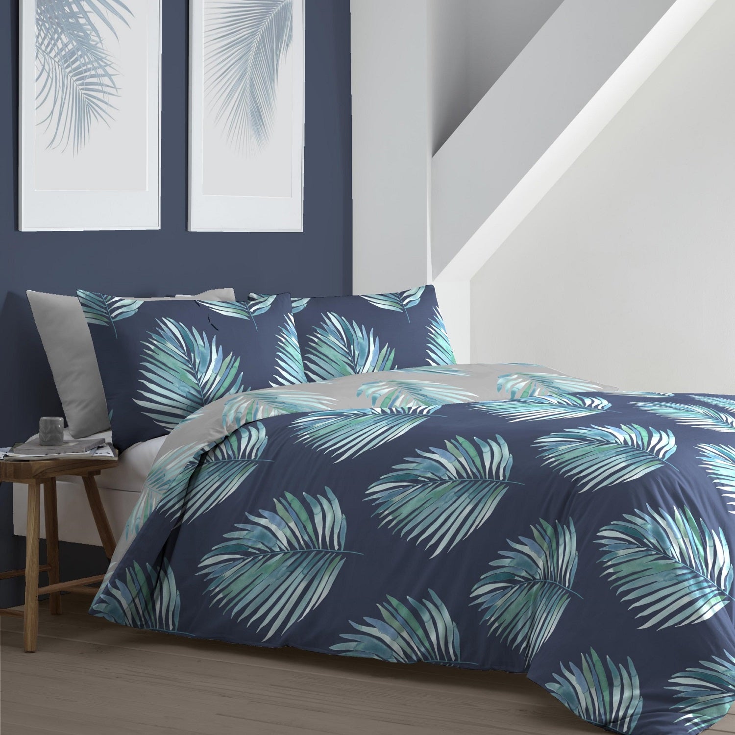 Tropical Leaf Double Duvet Cover Set - Navy, Green & Grey