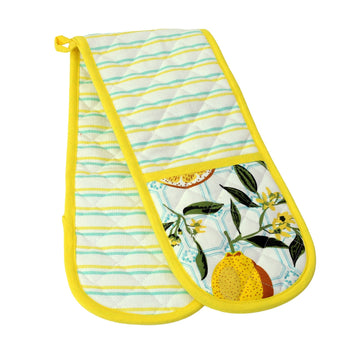 Lemon with Leaves Double Oven Gloves 100% Cotton, Yellow
