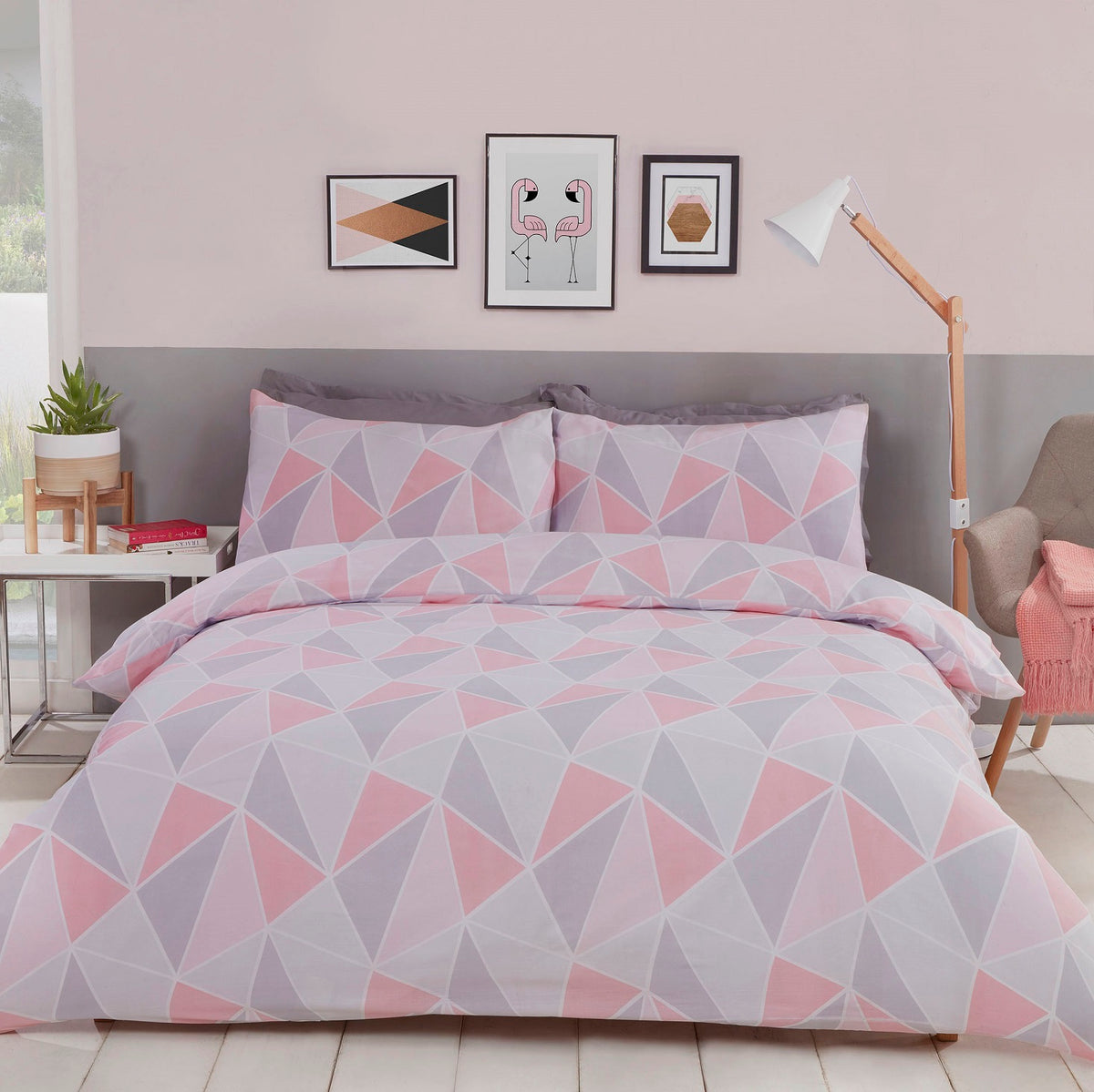 Geometric Leo Duvet Cover Set Pink Grey Double