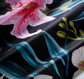 100% Cotton Botanical Floral Filled Boudoir Cushion, Lily Tropic Black