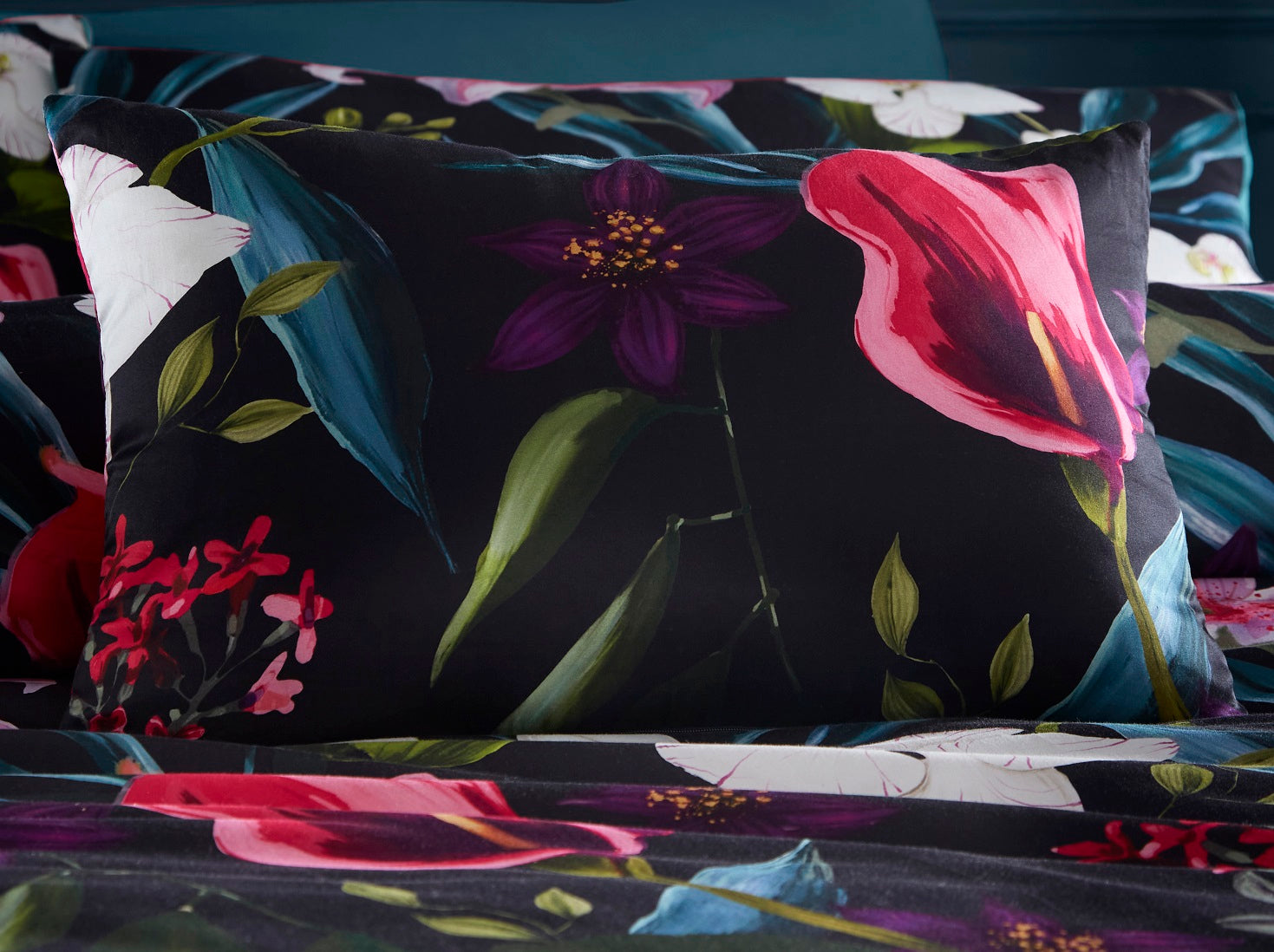 100% Cotton Botanical Floral Filled Boudoir Cushion, Lily Tropic Black