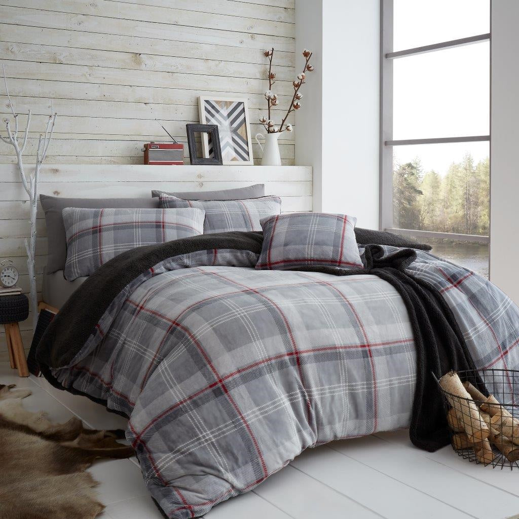 Teddy Bear Fleece Lincoln King Duvet Cover Set - Grey & Red