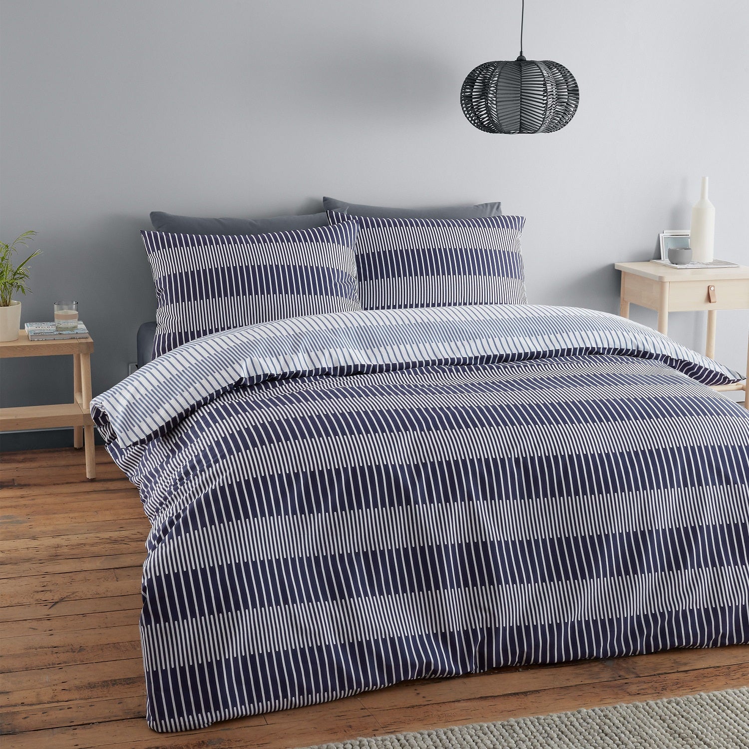 Catherine Lansfield Navy Blue Stripe Duvet Cover Set, King, Navy Blue