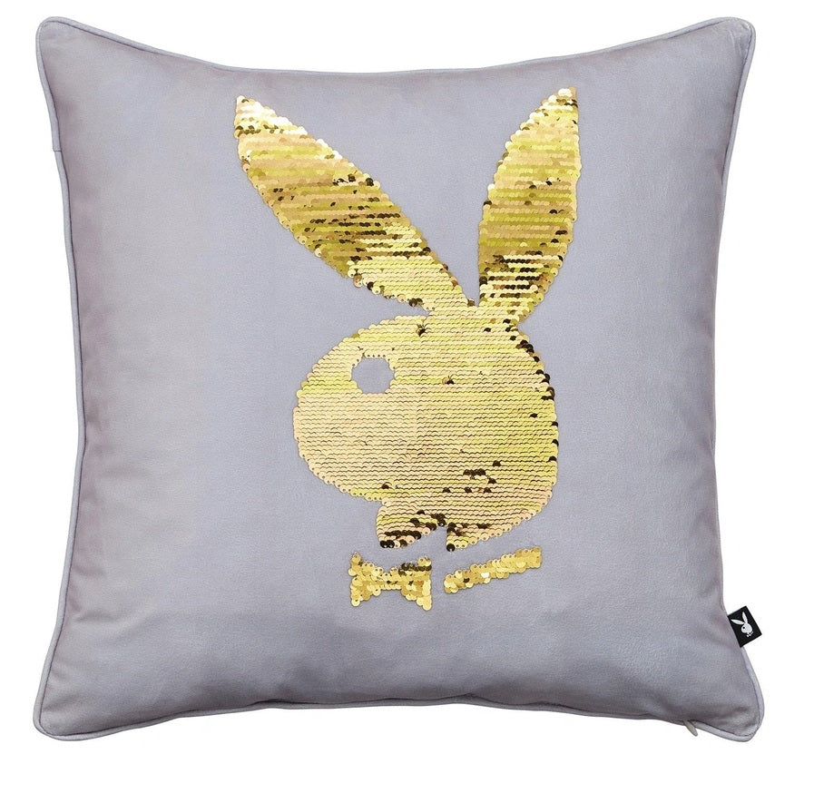 Playboy Live Your Dream Sequin Gold Bunny Filled Cushion- Silver Grey