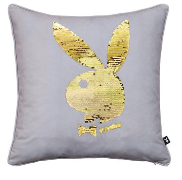 Playboy Live Your Dream Sequin Gold Bunny Filled Cushion- Silver Grey