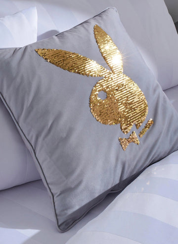 Playboy Live Your Dream Sequin Gold Bunny Filled Cushion- Silver Grey