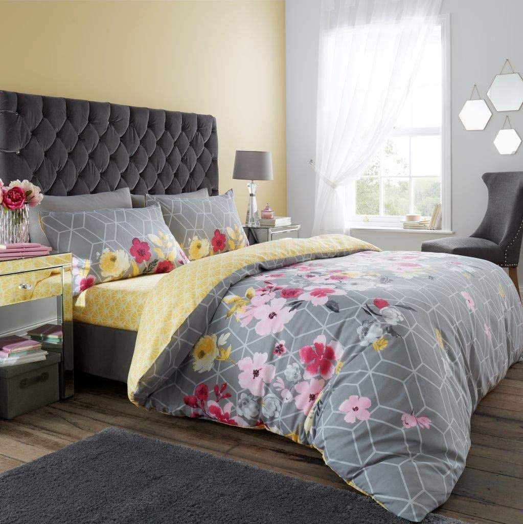 Livia Geometric Diamond Floral Yellow Grey Duvet Bedding Set - Double