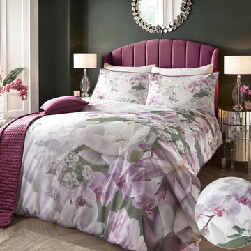 Lotus Floral 100% Cotton Duvet Cover Set, Double, Green & Lilac