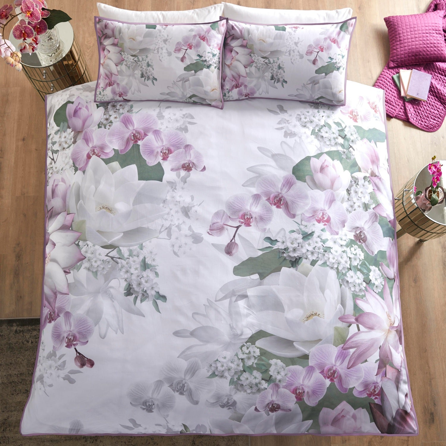 Lotus Floral 100% Cotton Duvet Cover Set, King, Green & Lilac