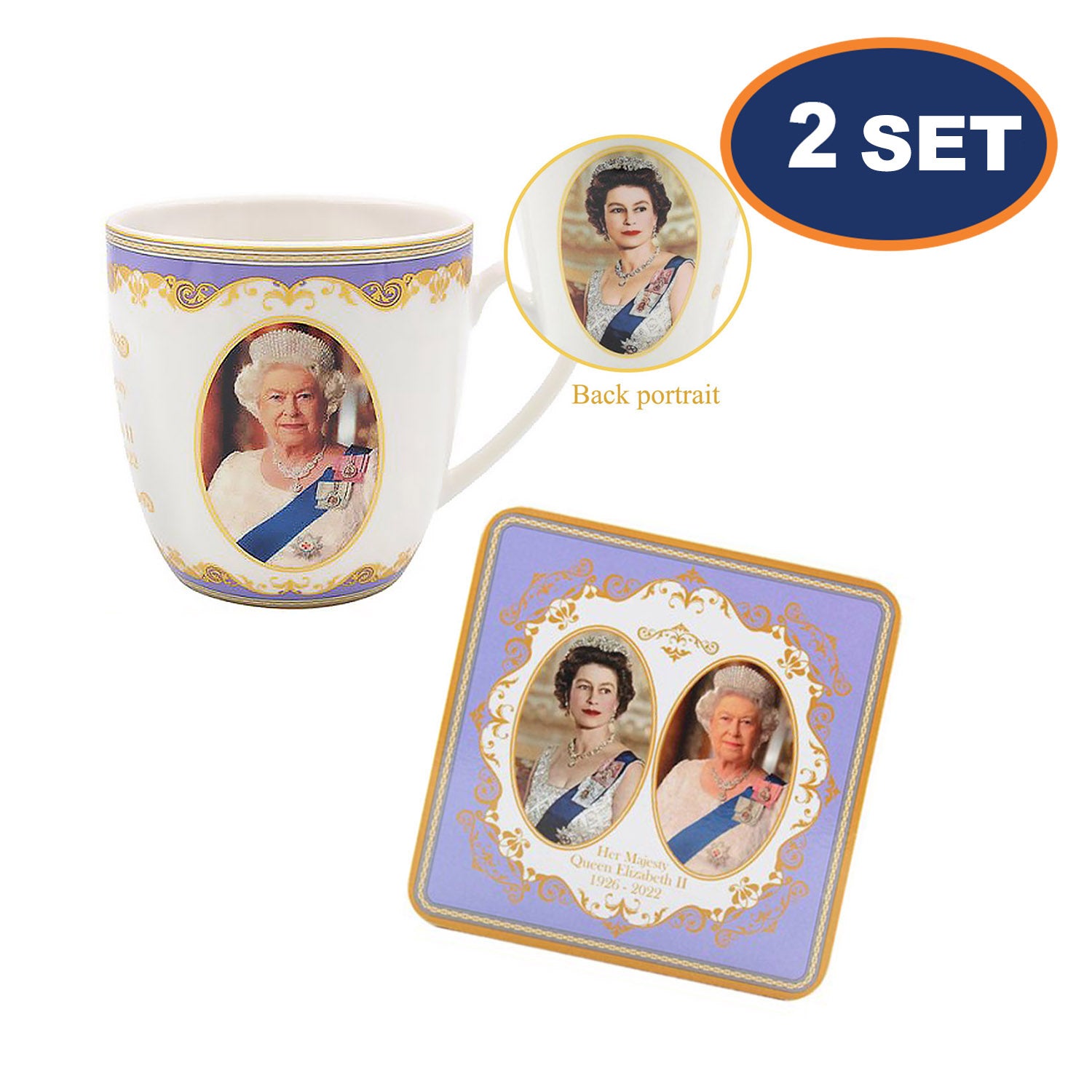 2-set Queen Elizabeth II Fine China Mugs 300ml with Coaster