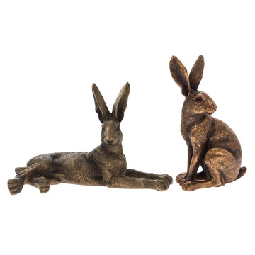 2Pc Bronze Resin Reflections Lying & Sitting Hare Figurines Set