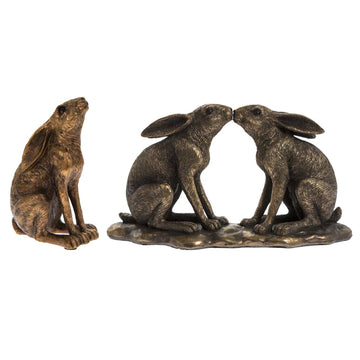 2Pc Bronze Resin Reflections Gazing & Kissing Hare Figurines Set