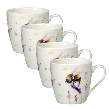 4-pc 350ml Fine China Mugs - Watercolour Bumble Bees