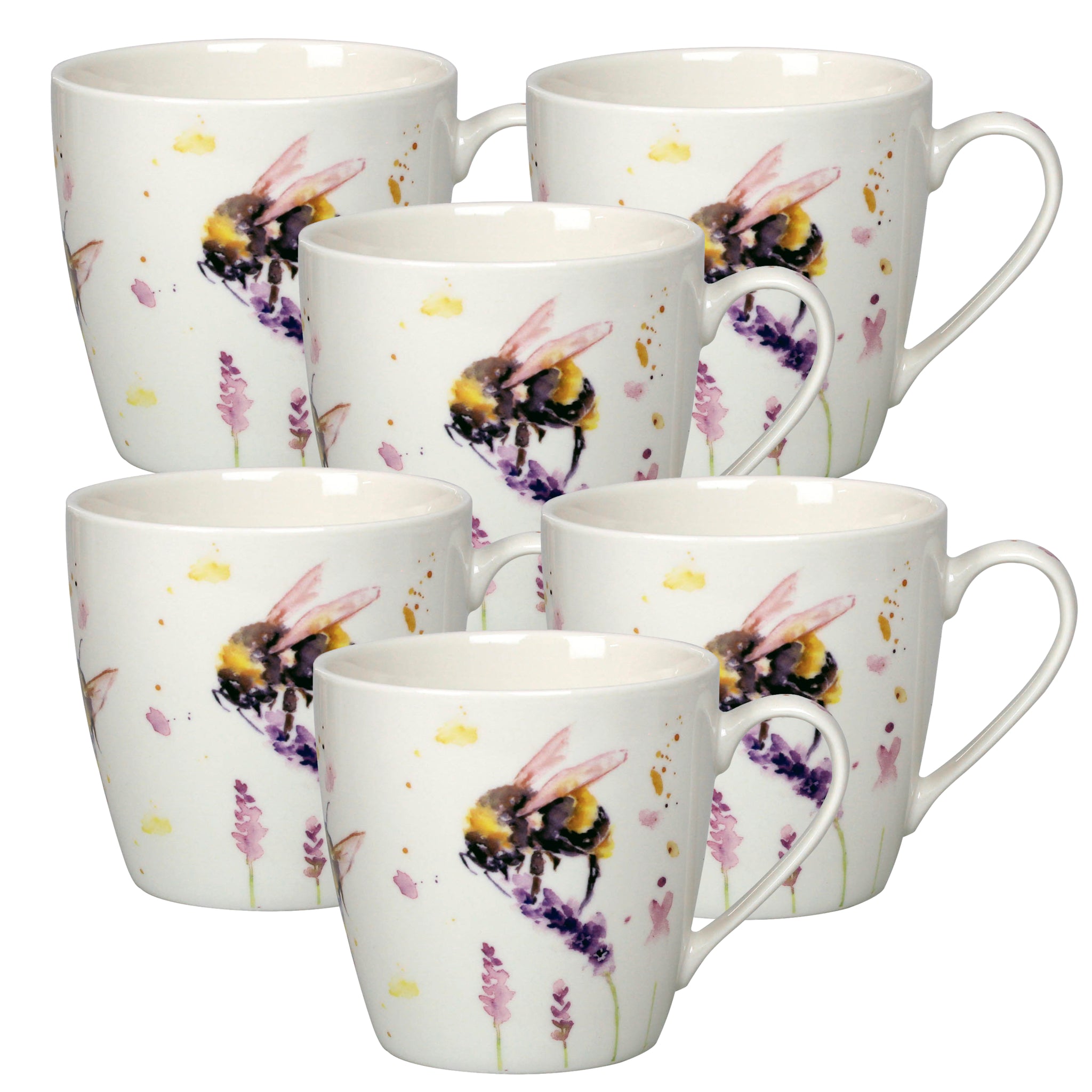 6-pc 350ml Fine China Mugs - Watercolour Bumble Bees