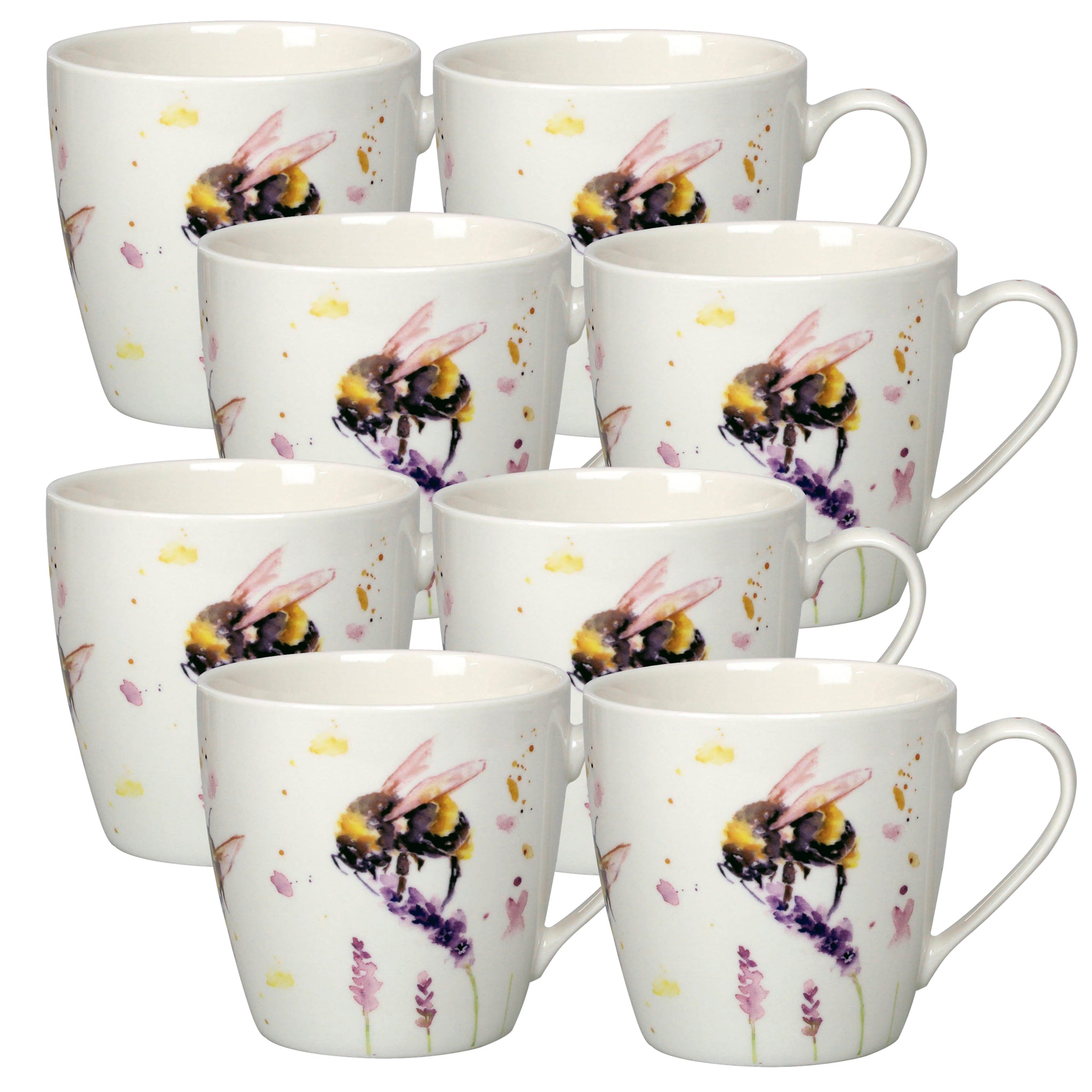 8-pc 350ml Fine China Mugs - Watercolour Bumble Bees