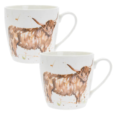 2-pc 350ml Fine China Mug - Watercolour Highland Cow