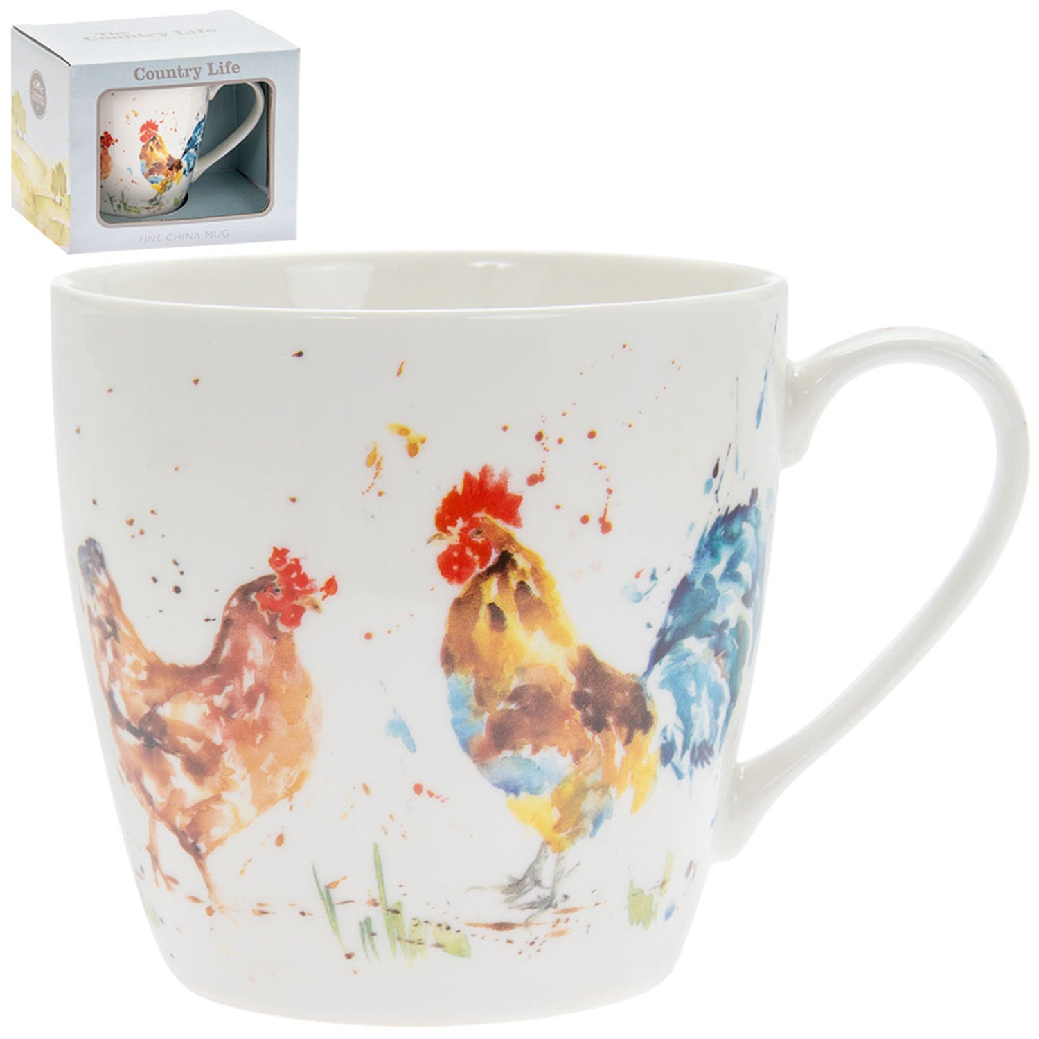 350ml Fine China Mug  - Watercolour Cockerel & Hen