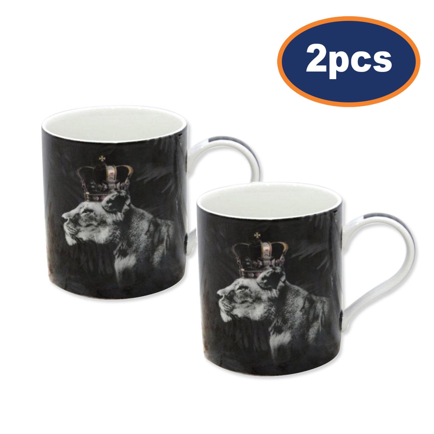 2pcs Black Lioness with Crown 350ml Ceramic Mug