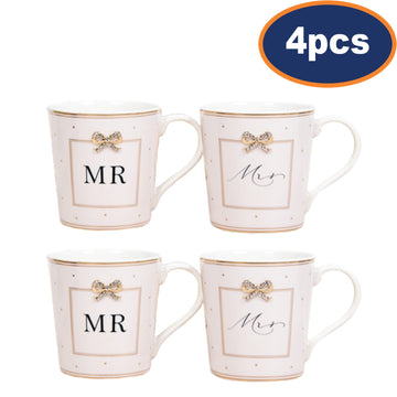 Set Of 4 - White Ceramic 2 Couple Mr. & Mrs. Mug