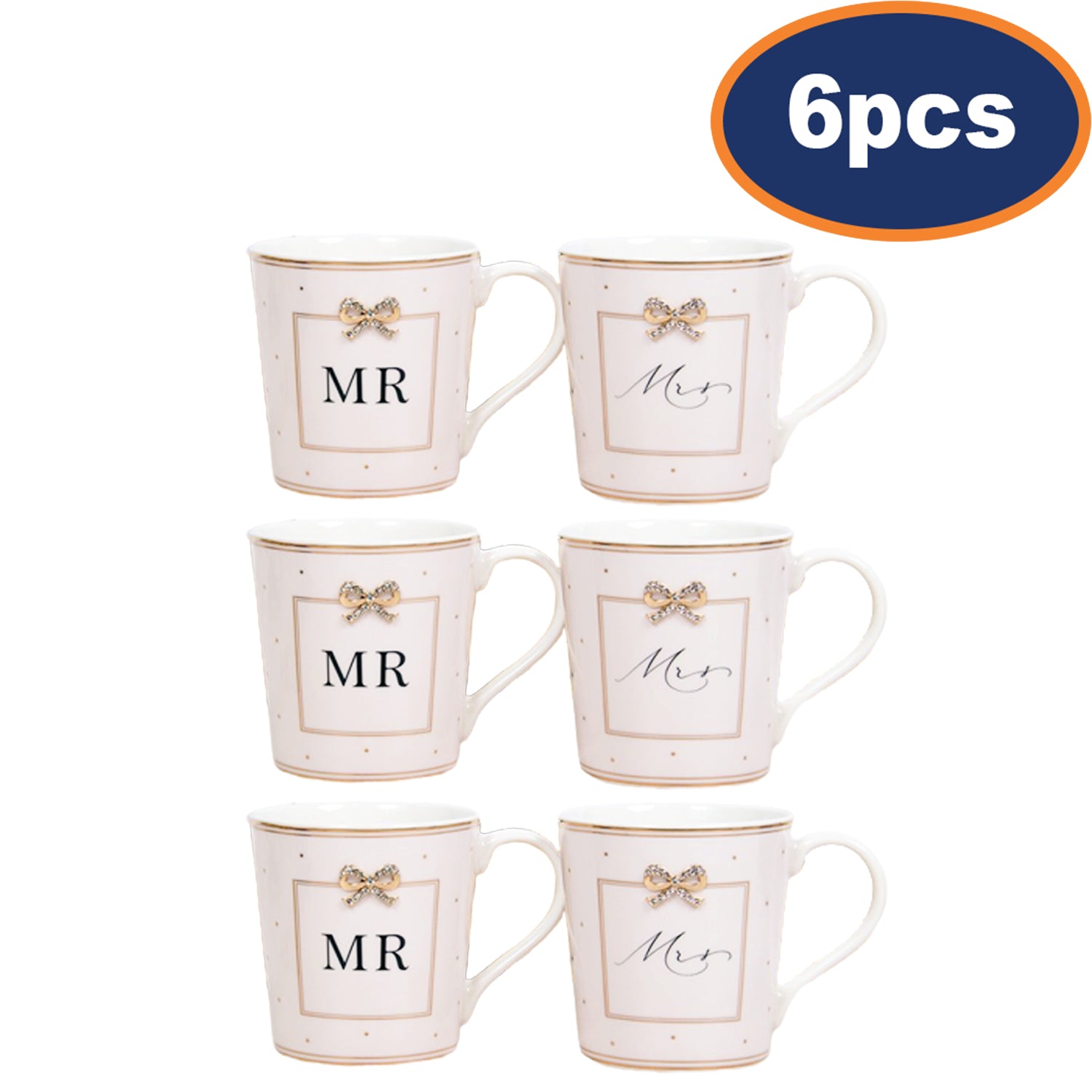 Set Of 6 - White Ceramic 3 Couple Mr. & Mrs. Mug