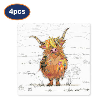 4Pcs Bug Art Hamish Highland Cow Ceramic Coaster