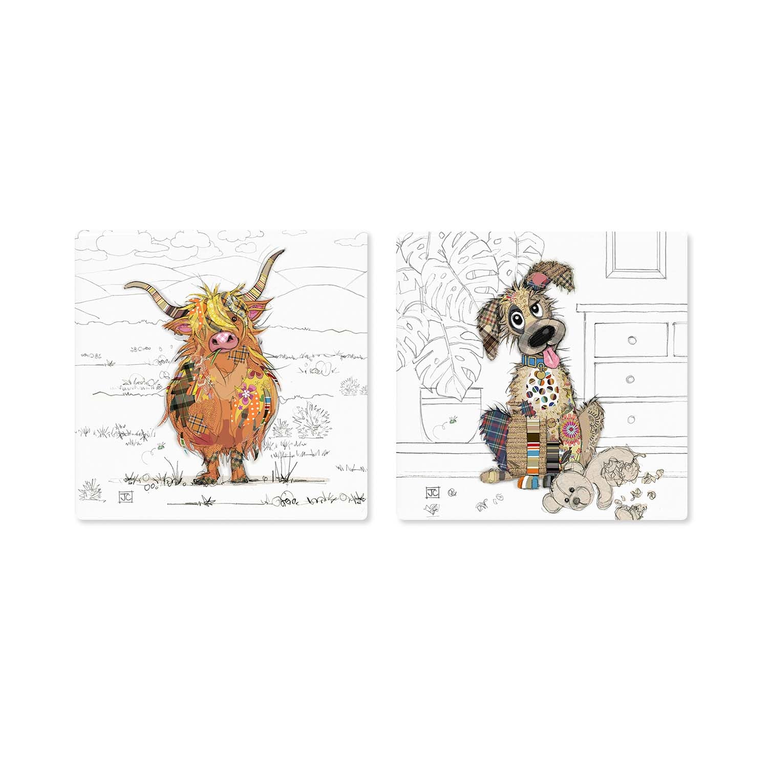 2Pcs Bug Art Hamish Highland Cow & Murphy Mutt Ceramic Coaster