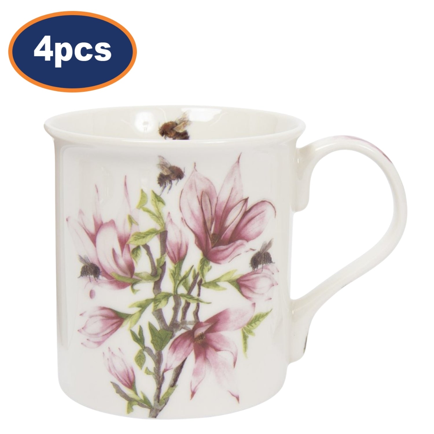 4pcs 300ml Bee-tanical Magnolia Floral Design Ceramic Mug