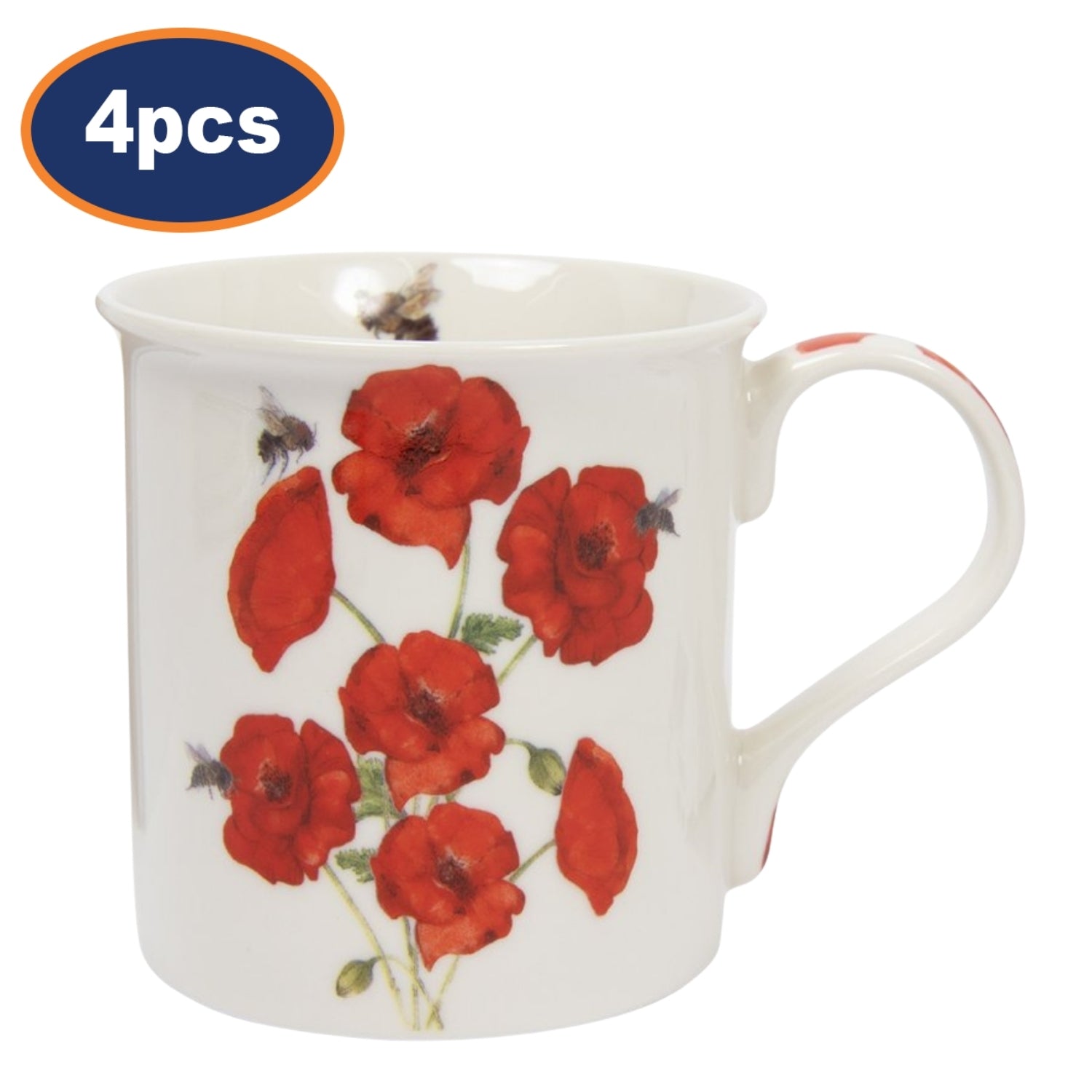 4pcs 300ml Bee-tanical Poppy Flower Design Ceramic Mug