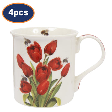 4pcs 300ml Bee-tanical Tulip Floral Design Ceramic Mug