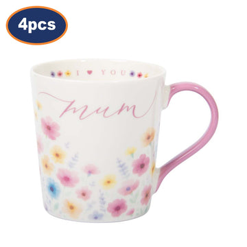 4Pcs 250ml White Ceramic Floral Design With I Heart You Mum Coffee Mug
