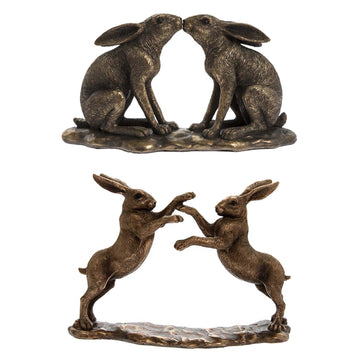 2Pc Bronze Resin Reflections Kissing & Twin Hares Figurine Set