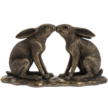 2Pc Bronze Resin Reflections Kissing & Twin Hares Figurine Set