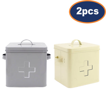 Set Of 2 - Grey & Cream Metal First Aid Box With Airtight Lid