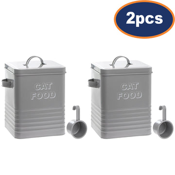 2Pcs Grey Metal Cat Food Storage With Scoop