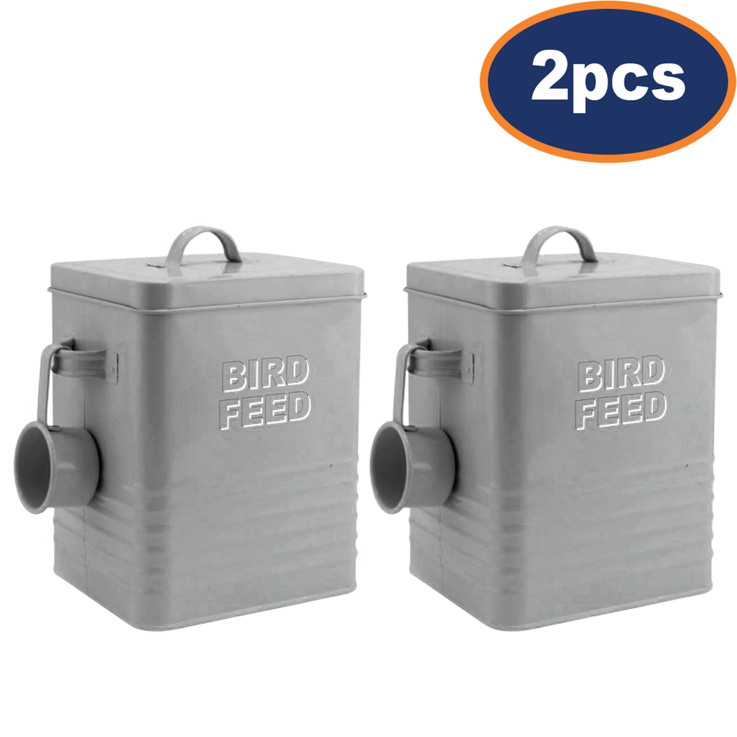 2Pcs Grey Metal Bird Feed Storage Tin with Scoop