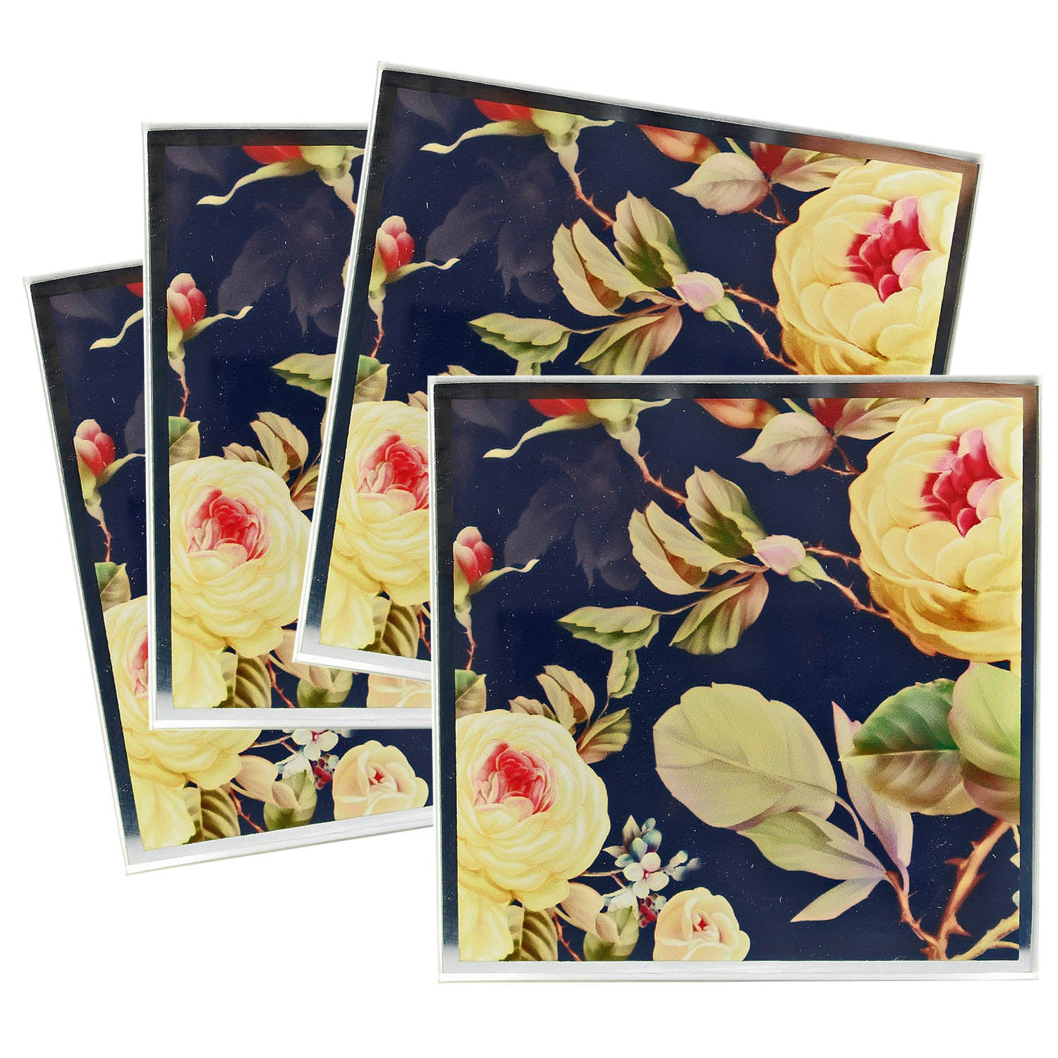 Set of 4  Glass Kitchen Coasters- White Rose Blossom