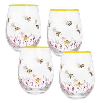 4Pcs Hand Painted Bees & Flowers Stemless Gin Glass (design by Jennifer Rose)