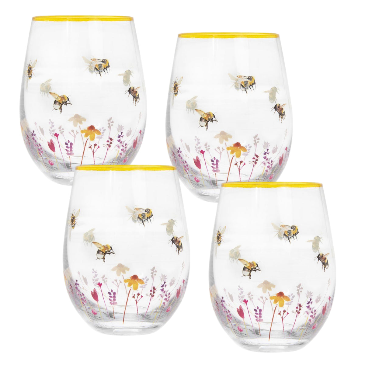 4Pcs Hand Painted Bees & Flowers Stemless Gin Glass (design by Jennifer Rose)