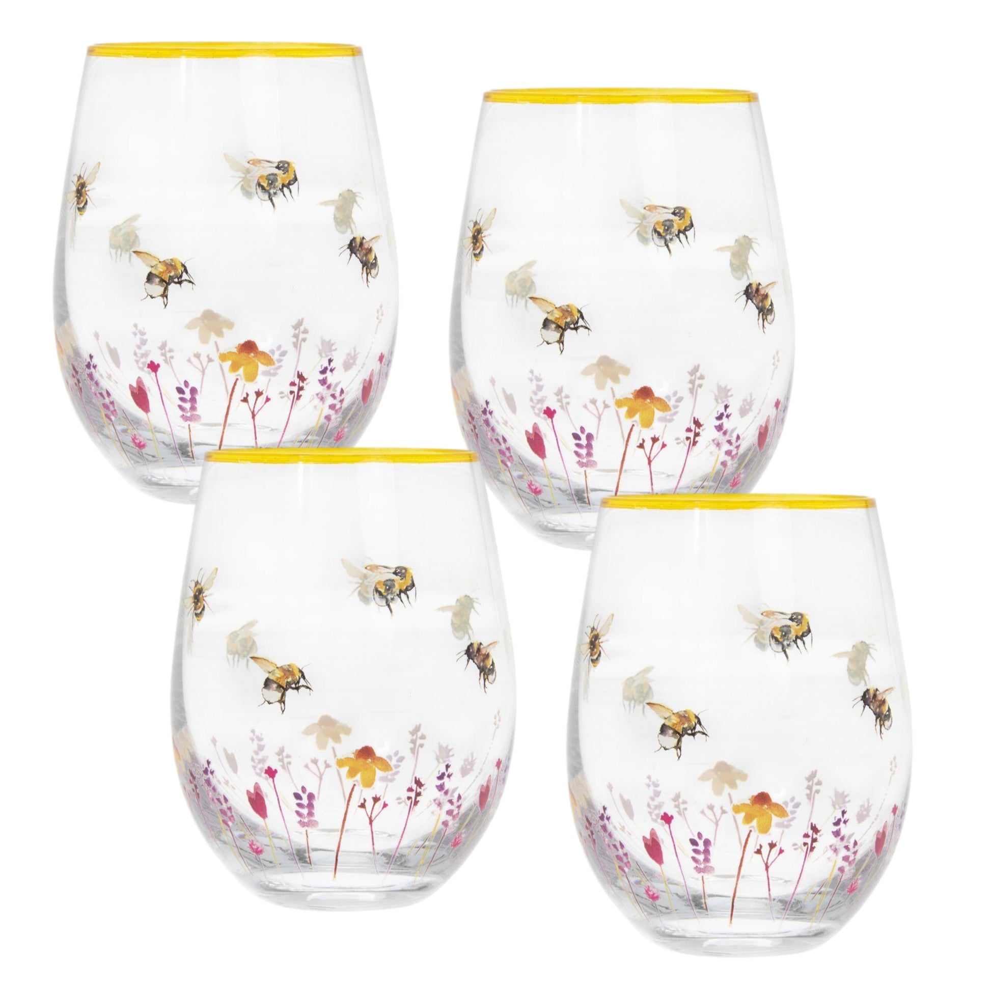 4Pcs Hand Painted Bees & Flowers Stemless Gin Glass (design by Jennifer Rose)