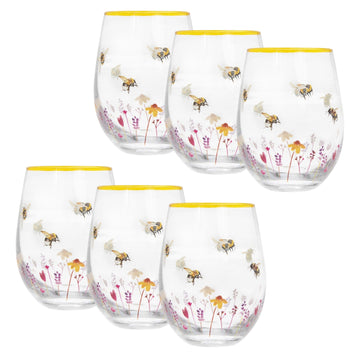 6Pcs Hand Painted Bees & Flowers Stemless Gin Glass (design by Jennifer Rose)