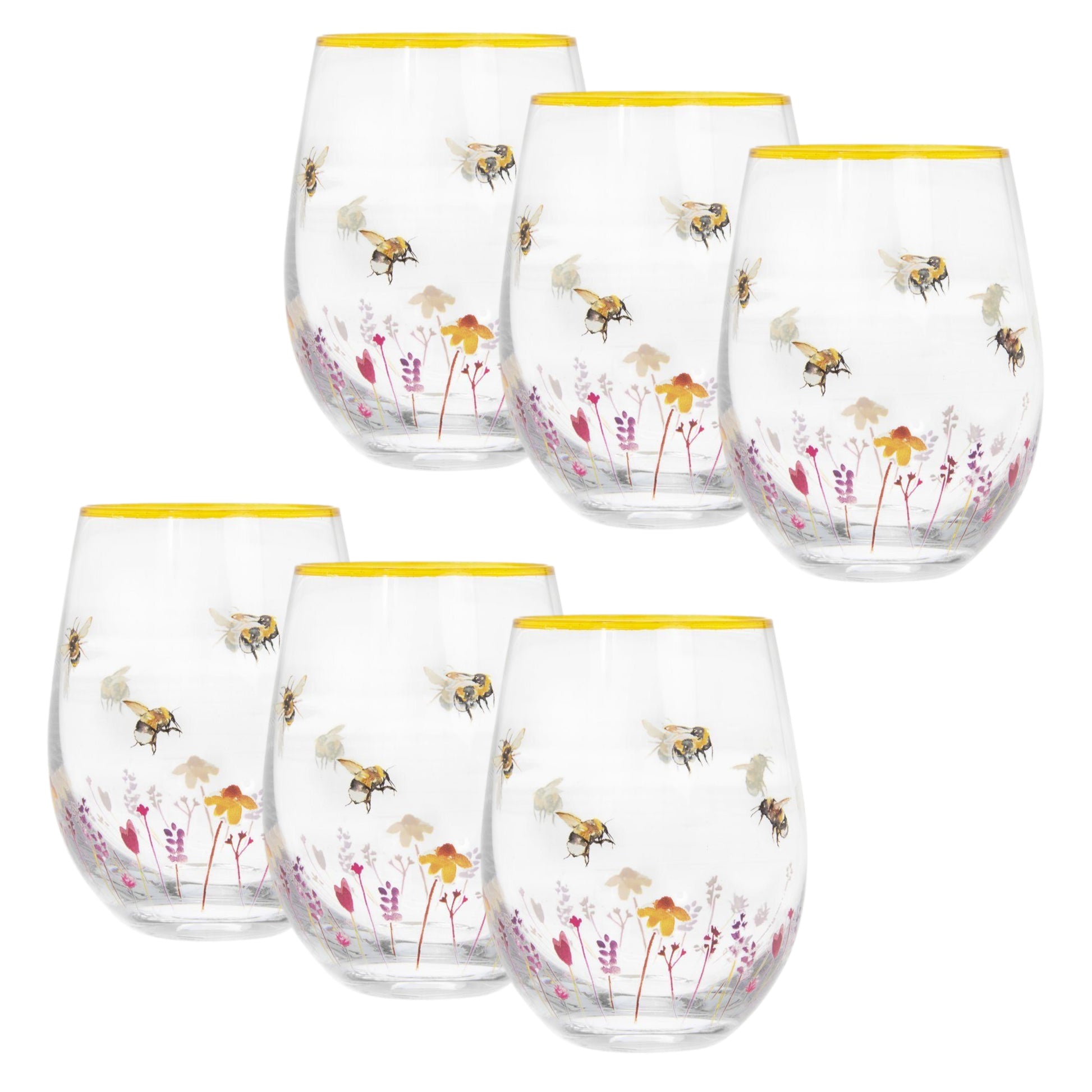 6Pcs Hand Painted Bees & Flowers Stemless Gin Glass (design by Jennifer Rose)